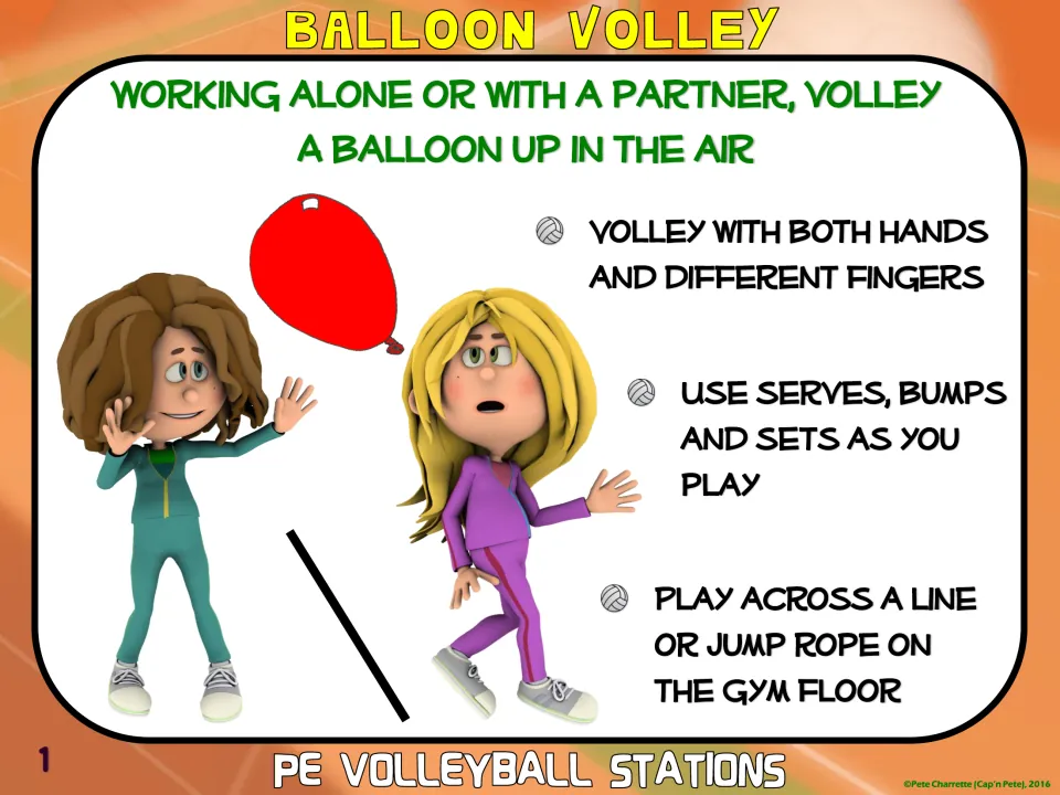 Station card 1, Balloon Volley: volley alone or with a partner, using serves, bumps, and sets across a line