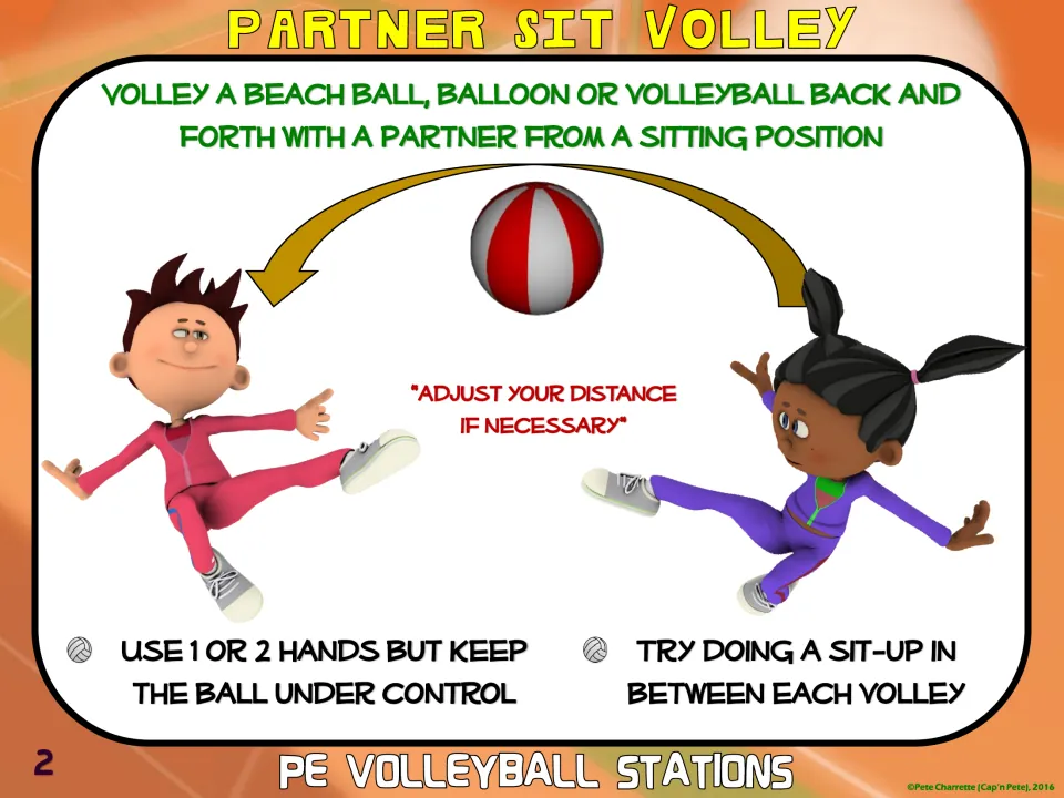 Station card 2, Partner Sit Volley: seated partners volley a beach ball, balloon, or volleyball back and forth