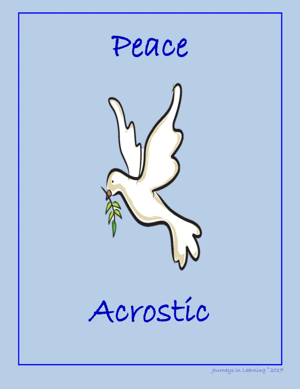 Peace Acrostic cover showing a white dove carrying an olive branch, introducing an acrostic poem on the word peace