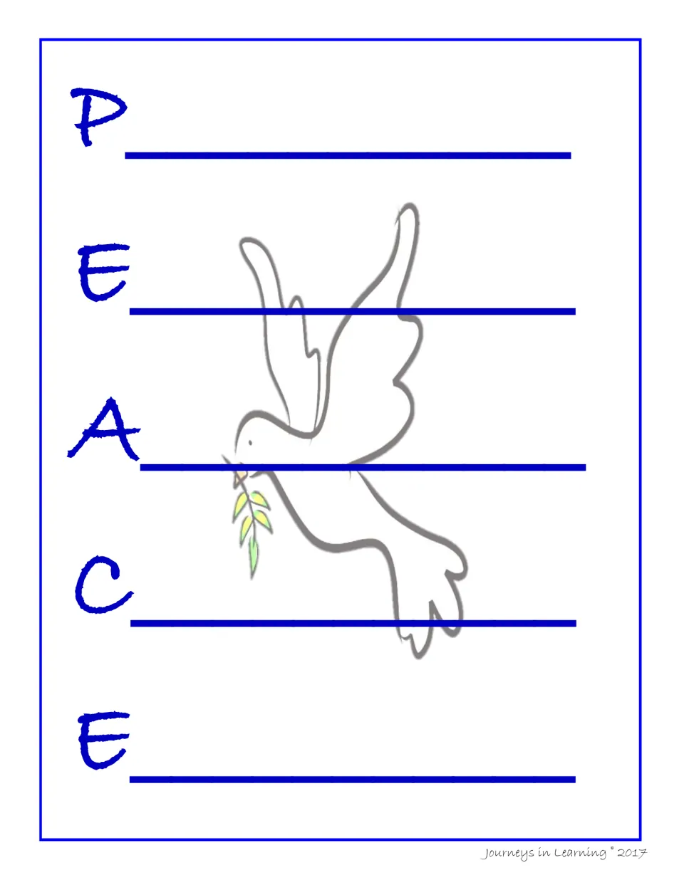 Acrostic poem on PEACE: students write a word or phrase for each blue capital letter P, E, A, C, E over a faded dove
