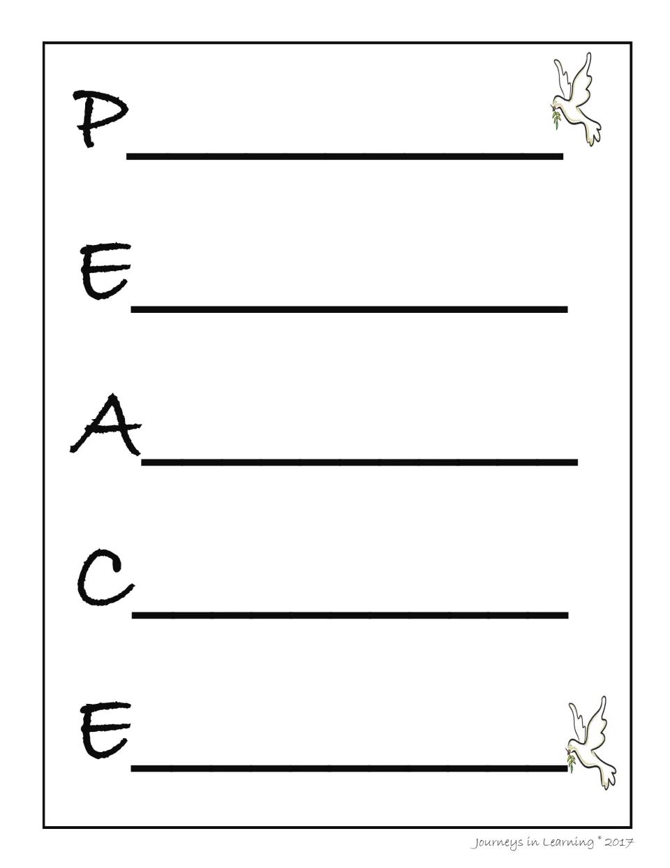 Black-and-white PEACE acrostic: students compose a poem line starting with each capital letter, with two small doves