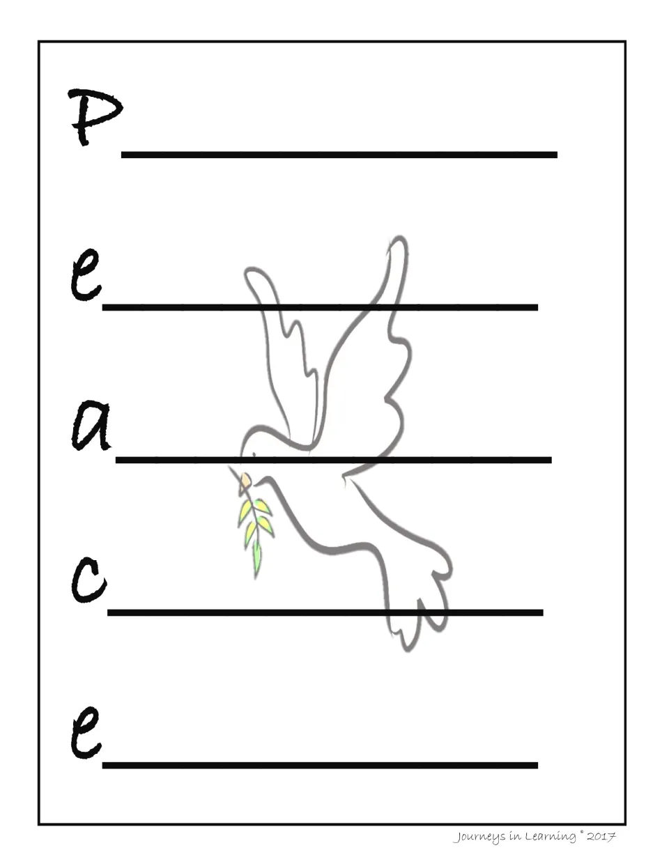 Mixed-case acrostic spelling Peace down the side: students write a poem line for each letter over a faded dove outline
