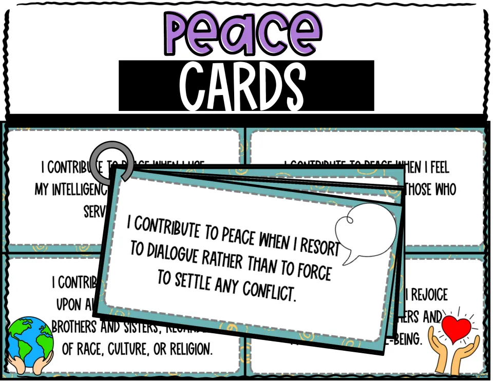 Peace Cards cover: ring-bound "I contribute to peace when..." statement cards, e.g. using dialogue instead of force
