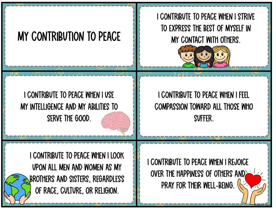 My Contribution to Peace title card plus 5 statement cards on compassion, serving the good and seeing all people as family