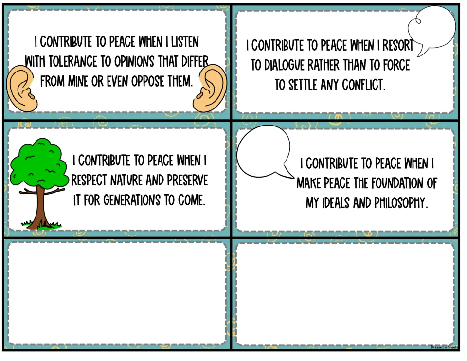 Four more peace statement cards on listening with tolerance, dialogue over force and respecting nature, plus 2 blank cards