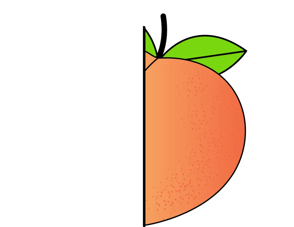 Peach cover cut-out piece: the right half of a peach with stem and green leaf, for the front of the folded strip