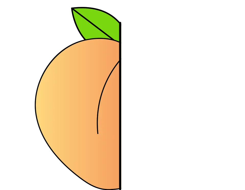 Matching peach cover cut-out piece: the left half of a lighter peach with a leaf, forming the other cover side