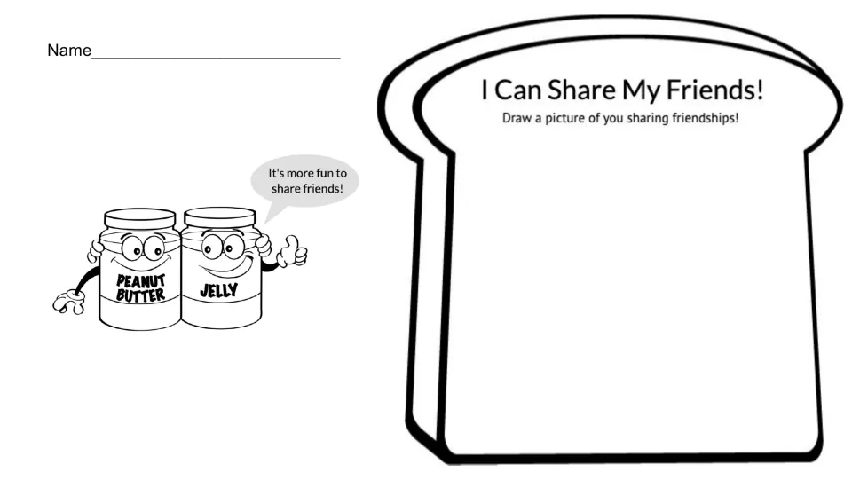 Friendship activity sheet titled 'I Can Share My Friends!' asks students to draw themselves sharing friendships.