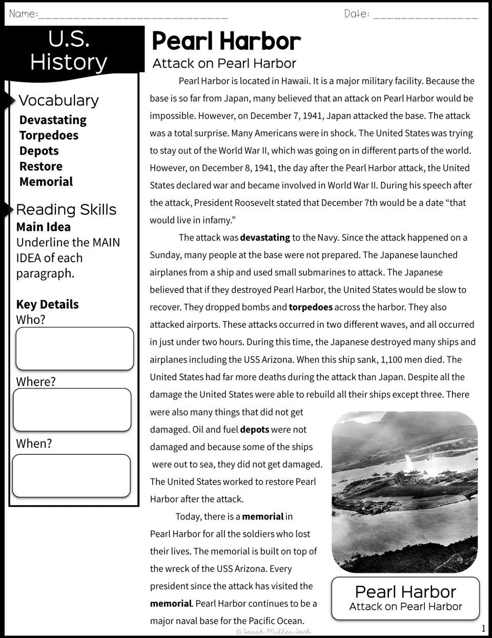 Attack on Pearl Harbor passage: students read about December 7, 1941, underline main ideas and note who, where and when