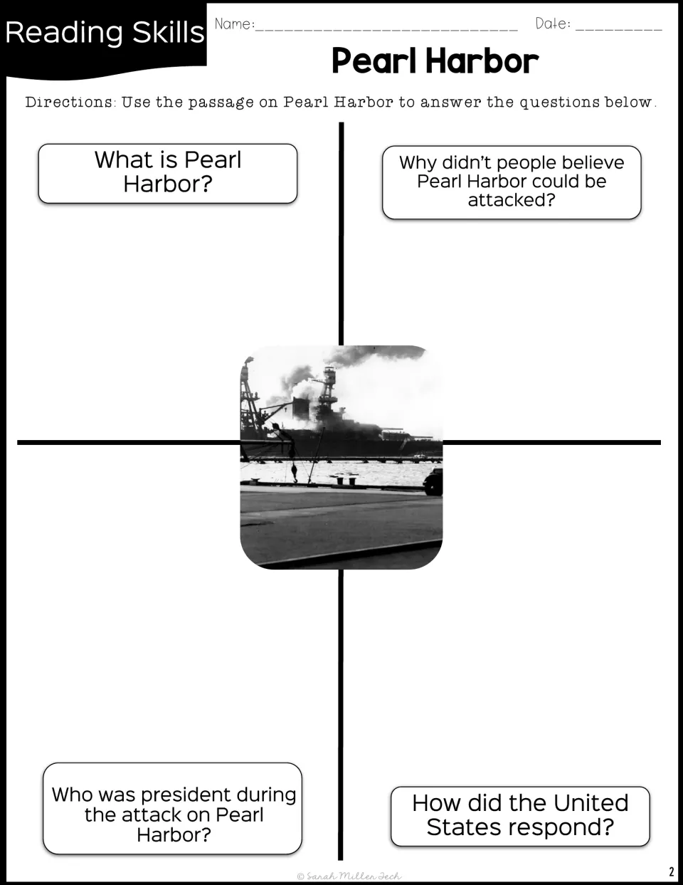 Reading questions: students tell what Pearl Harbor is, why an attack seemed unlikely, who led the US and how it responded