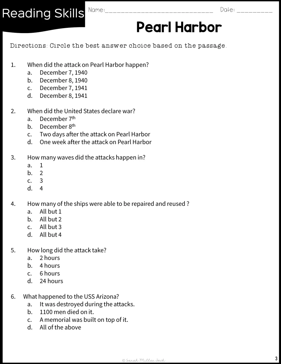 Multiple choice, questions 1-6: students circle answers on the attack date, war declaration, attack waves and USS Arizona