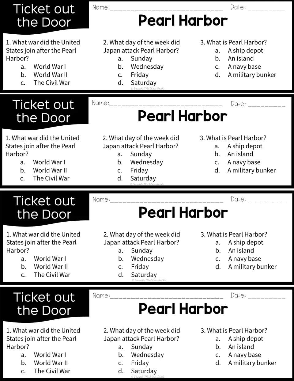 Exit tickets: four copies of a three-question quiz on the war the US joined, the day of the attack and what Pearl Harbor is