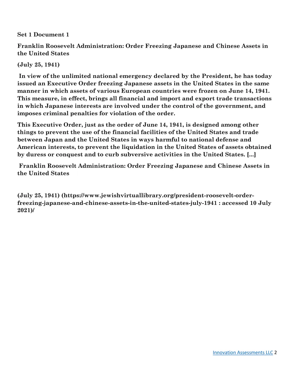 Set 1, Document 1: Roosevelt administration's July 25, 1941 order freezing Japanese and Chinese assets