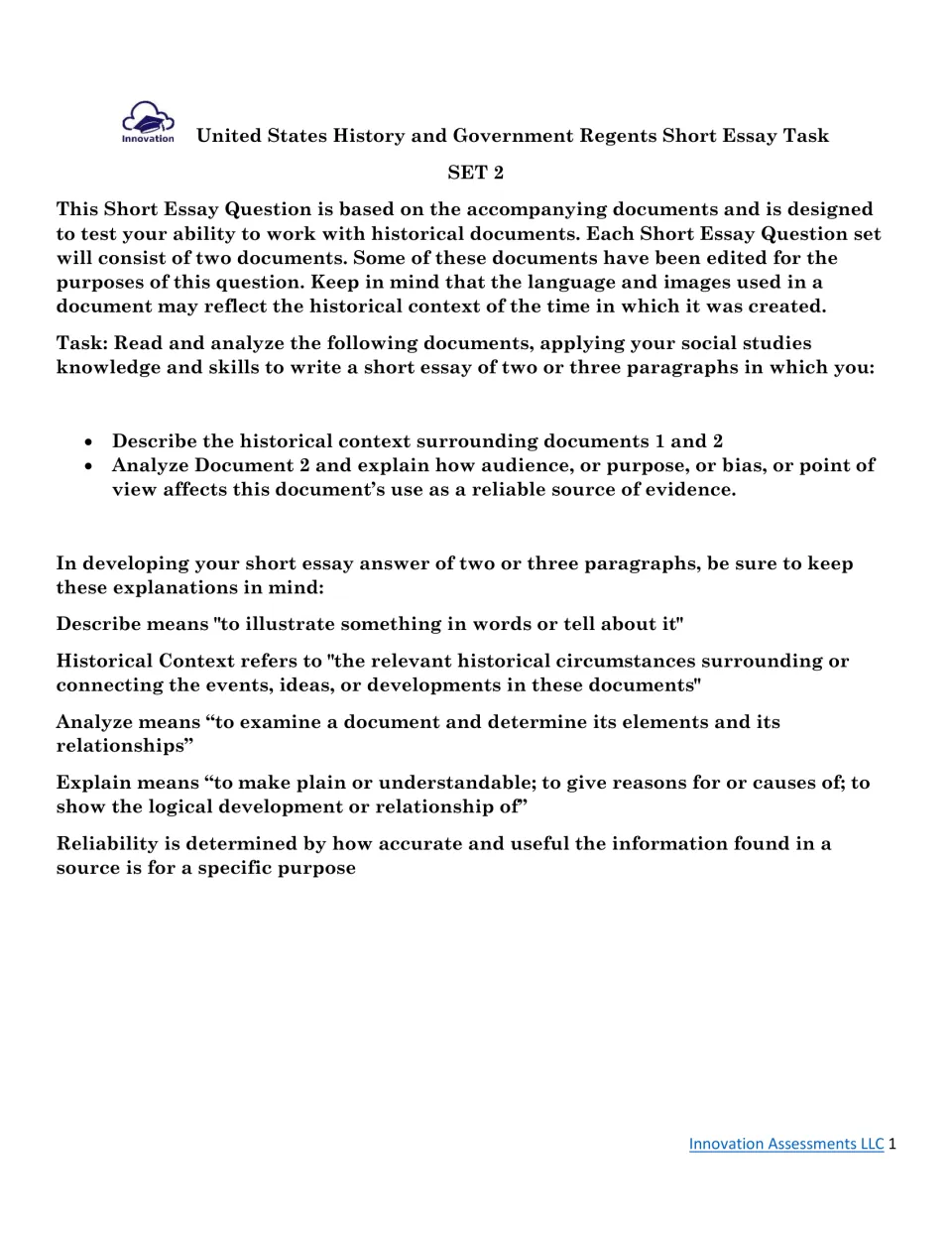 Set 2 essay directions: describe historical context and analyze factors affecting Document 2's reliability