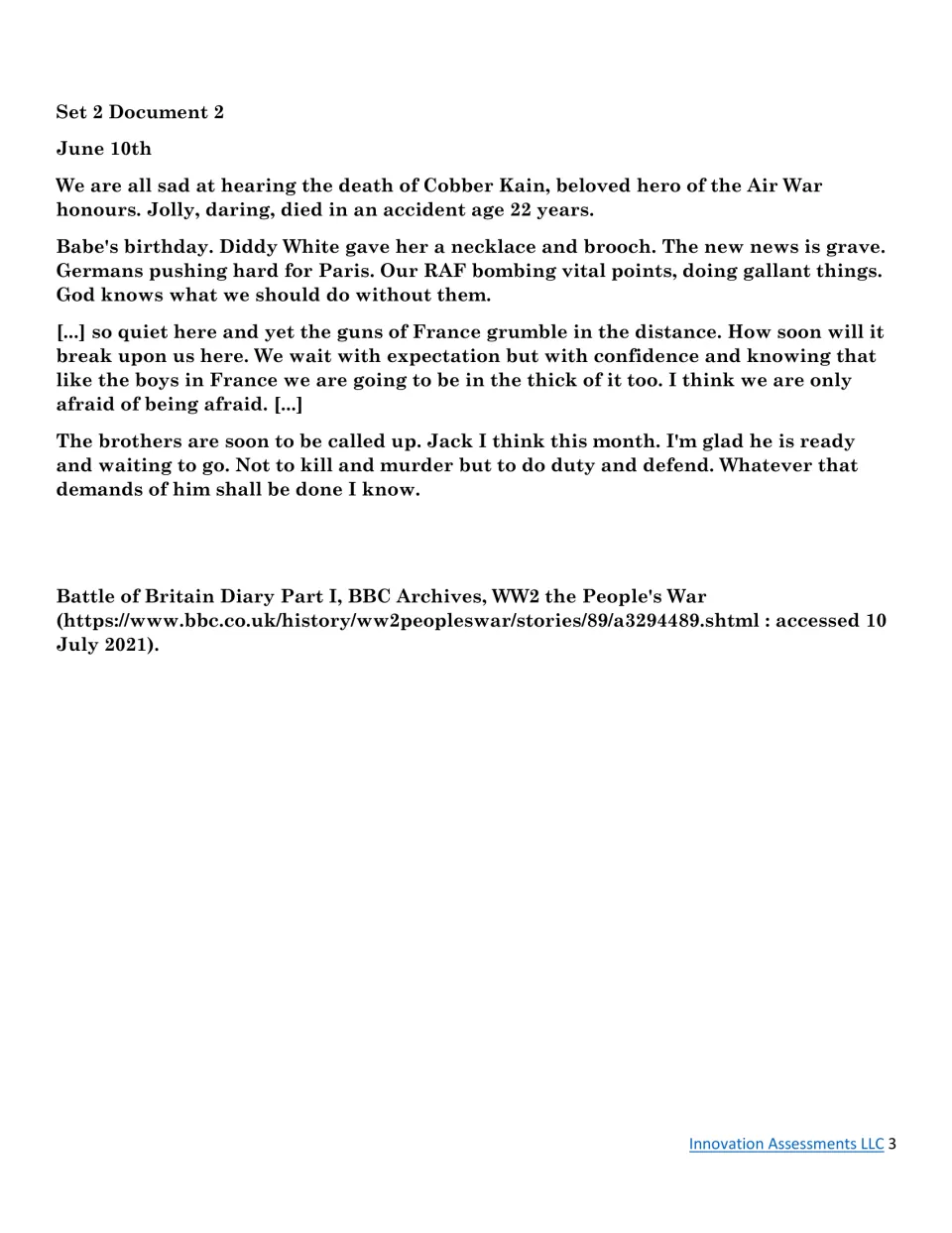 Set 2, Document 2: June 10 diary entry on war approaching Britain, RAF efforts, and brothers being called up