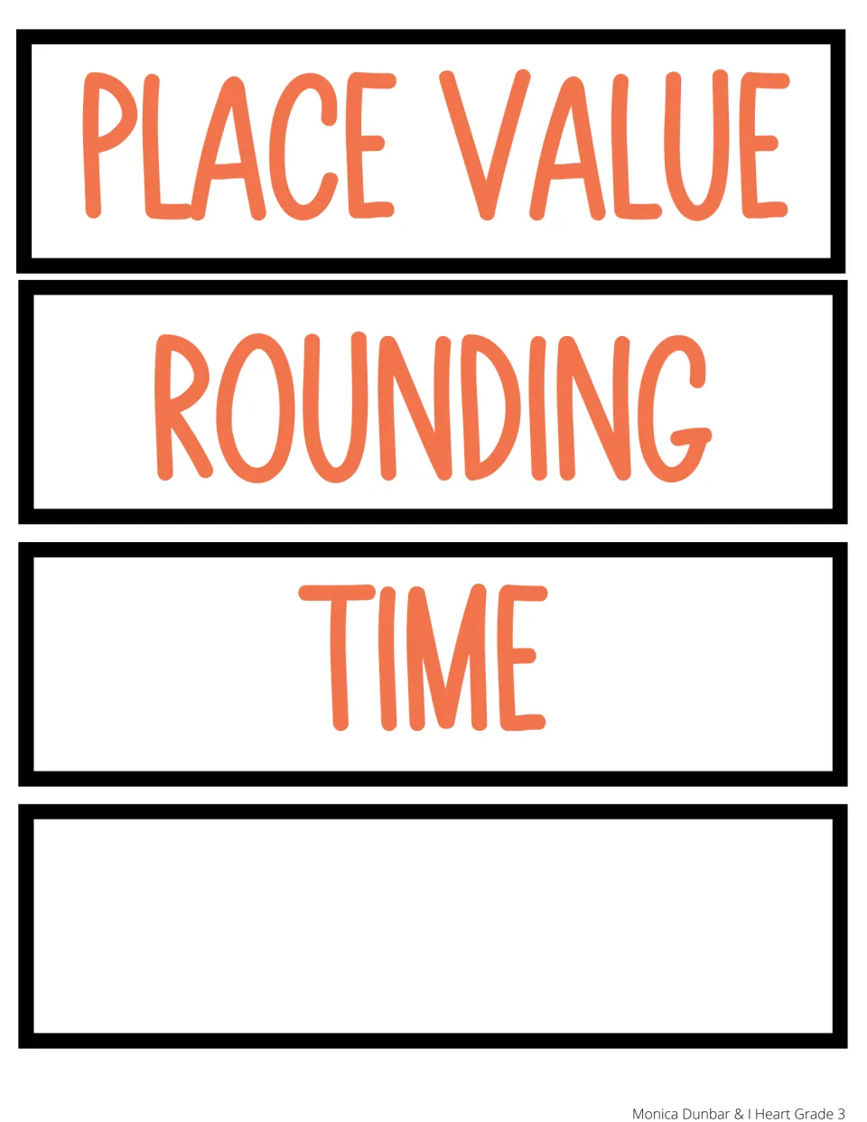 Topic header cards for Place Value, Rounding and Time, plus one blank card for adding a custom math topic heading