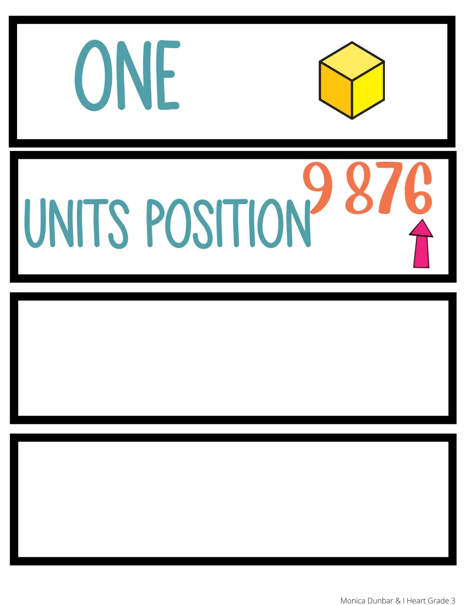 Vocabulary cards for One, shown with a unit cube, and Units Position, with an arrow pointing to the 6 in 9 876