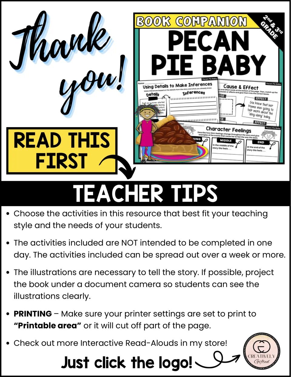 Teacher tips for the book companion explain activity selection, pacing, showing illustrations, and printing.