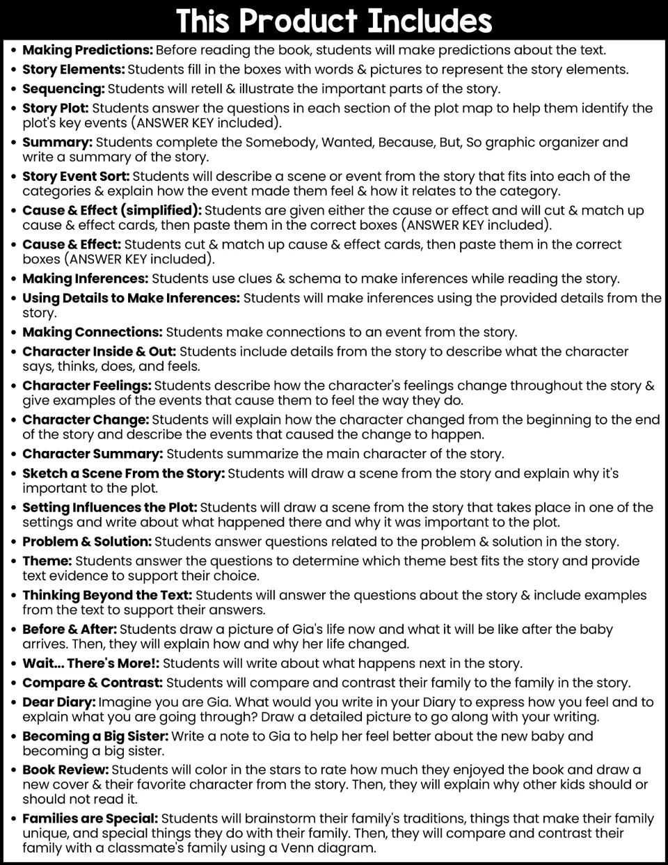 Activity list outlines 27 tasks, including predictions, story elements, character feelings, and family comparisons.