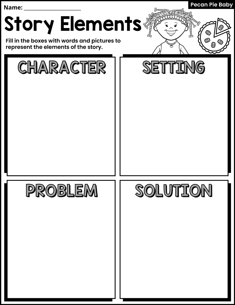 Story Elements activity asks students to represent the character, setting, problem, and solution in words and pictures.