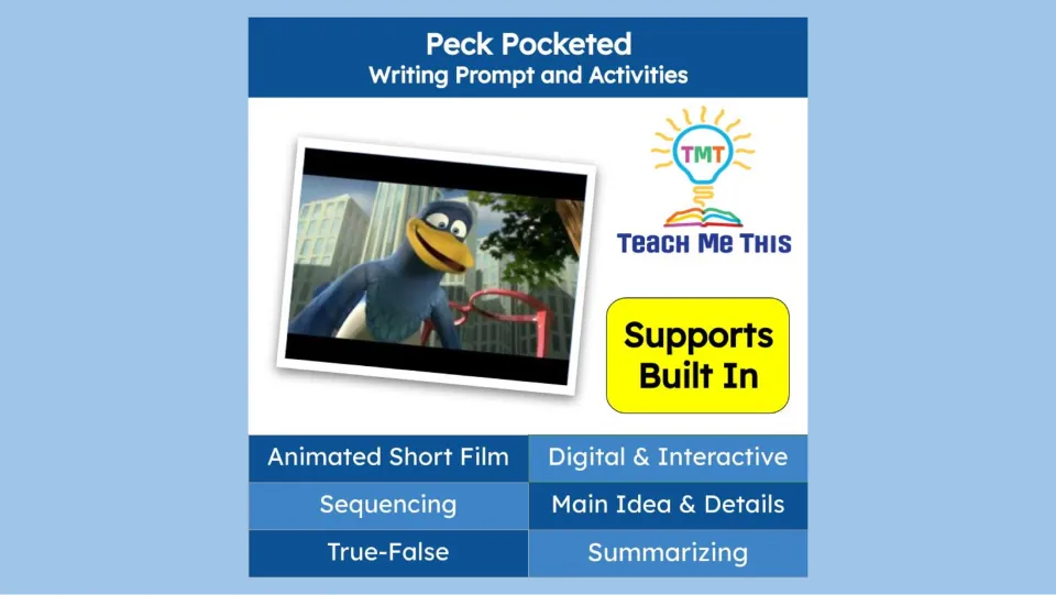 Peck Pocketed writing lesson cover lists sequencing, true-false, main idea and details, and summarizing.