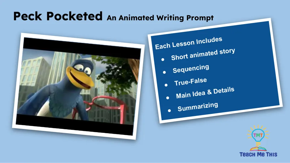 Lesson overview lists a short animated story, sequencing, true-false, main idea and details, and summarizing.
