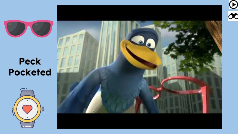 Film-viewing slide introduces the animated story using a still of a bird beside a red chair and a play icon.