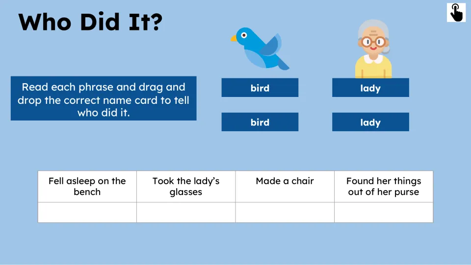 Who Did It? activity asks students to match bird or lady cards to four actions, including taking glasses.