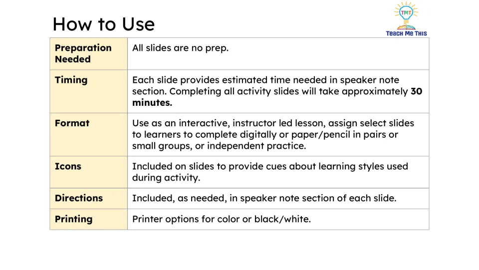 Teacher directions give a 30-minute estimate, digital or paper options, speaker-note guidance, and printing tips.