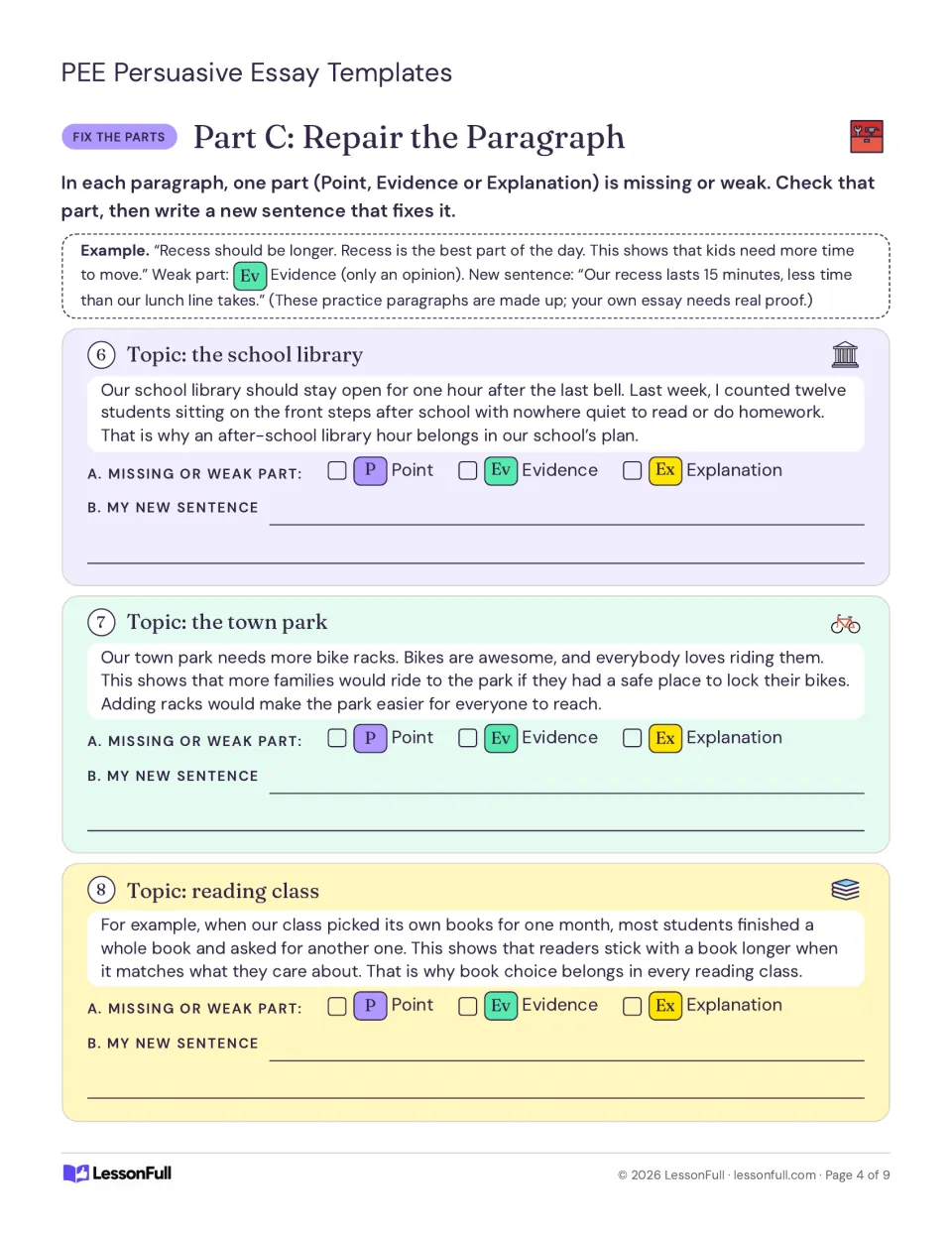 Paragraph repair practice asks students to fix weak or missing parts about a library, bike racks, and book choice.