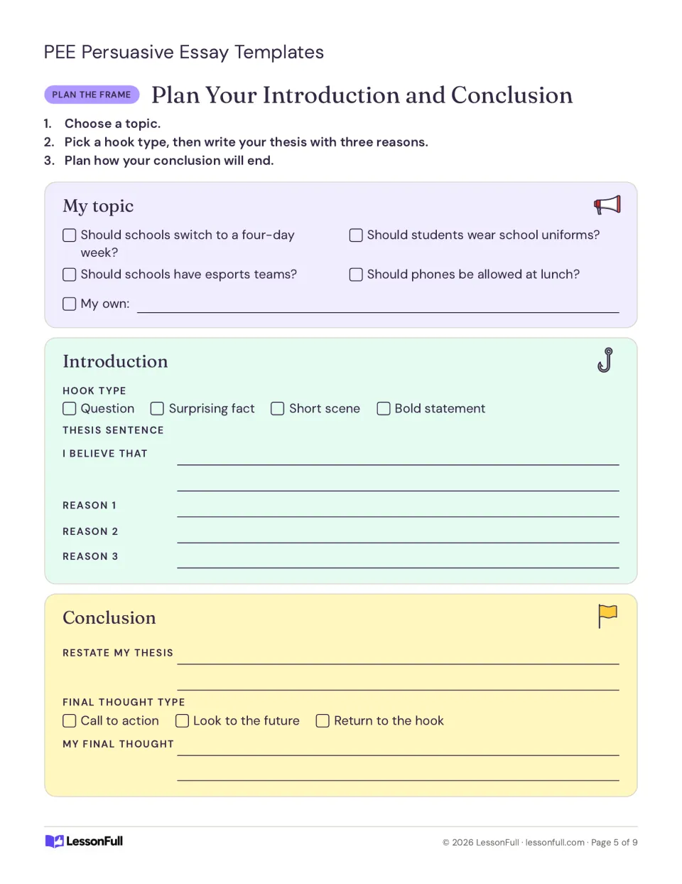 Introduction and conclusion planner includes topic choices, hook types, a thesis, three reasons, and a final thought.