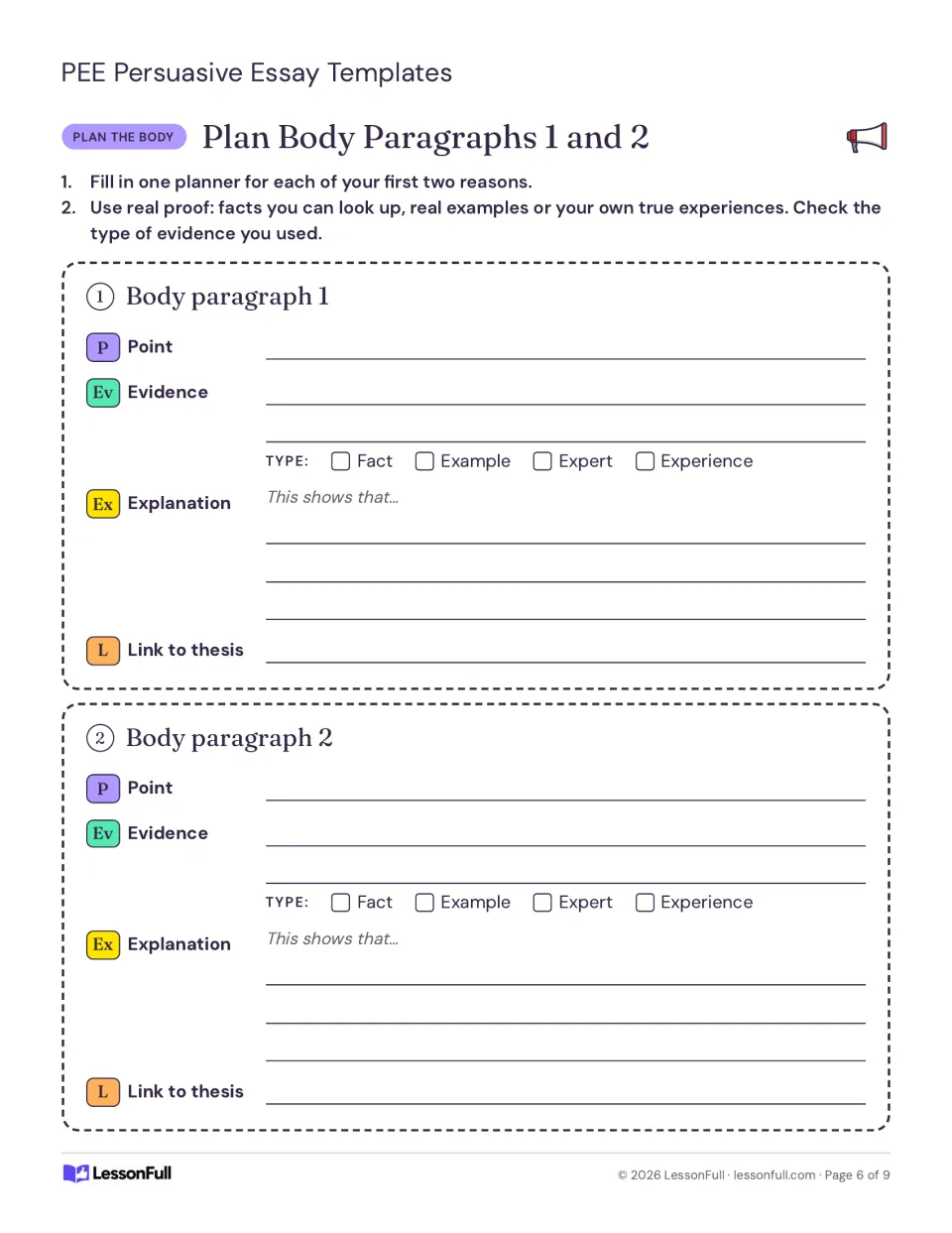 Body paragraph planners 1 and 2 prompt a point, evidence type, explanation, and link back to the thesis.