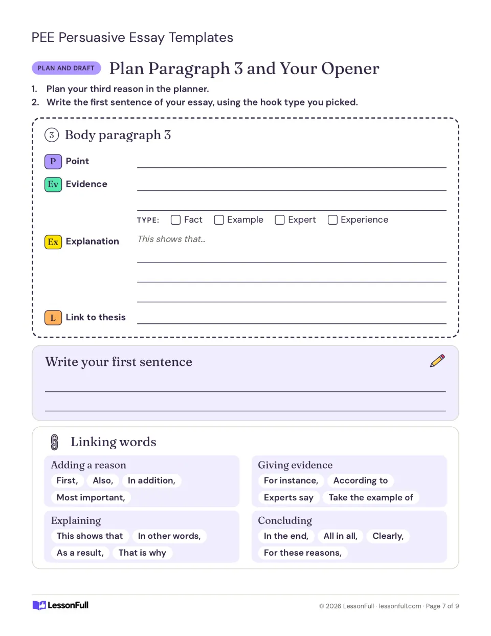 Third body paragraph planner adds an essay opener task and linking words for reasons, evidence, and conclusions.