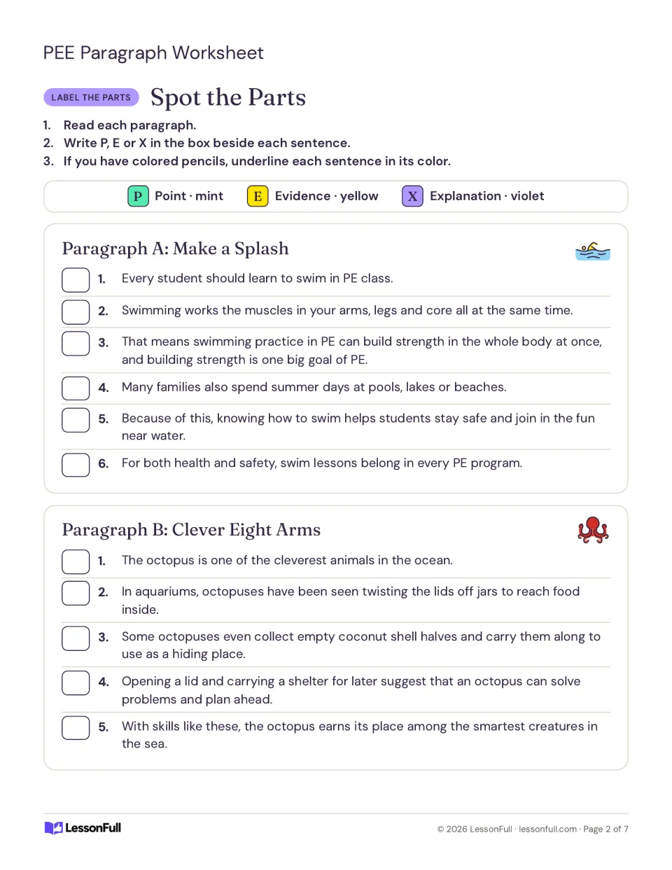 Spot the Parts practice: label point, evidence, and explanation in paragraphs about swimming and octopuses.