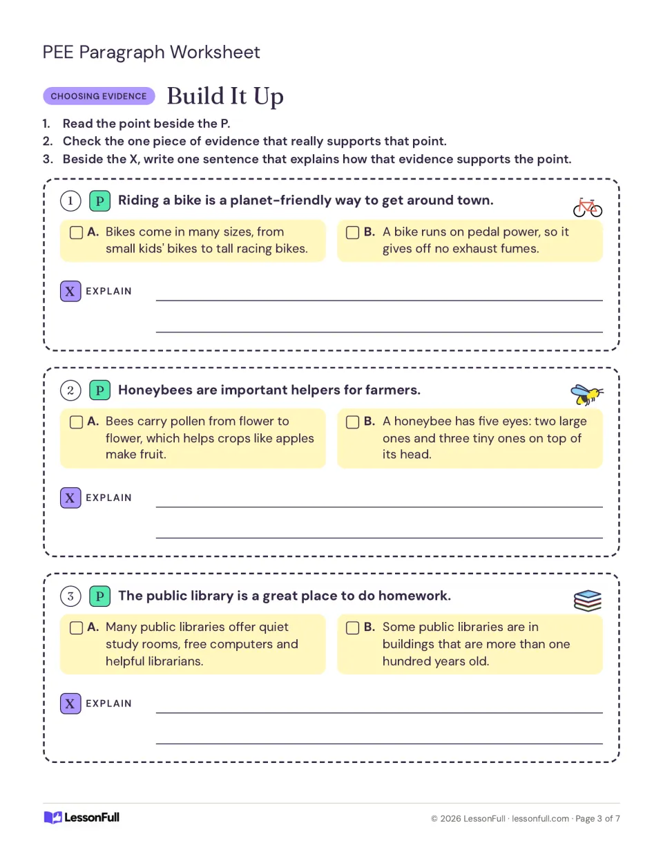 Build It Up practice: choose evidence for points about bikes, honeybees, and libraries, then explain it.