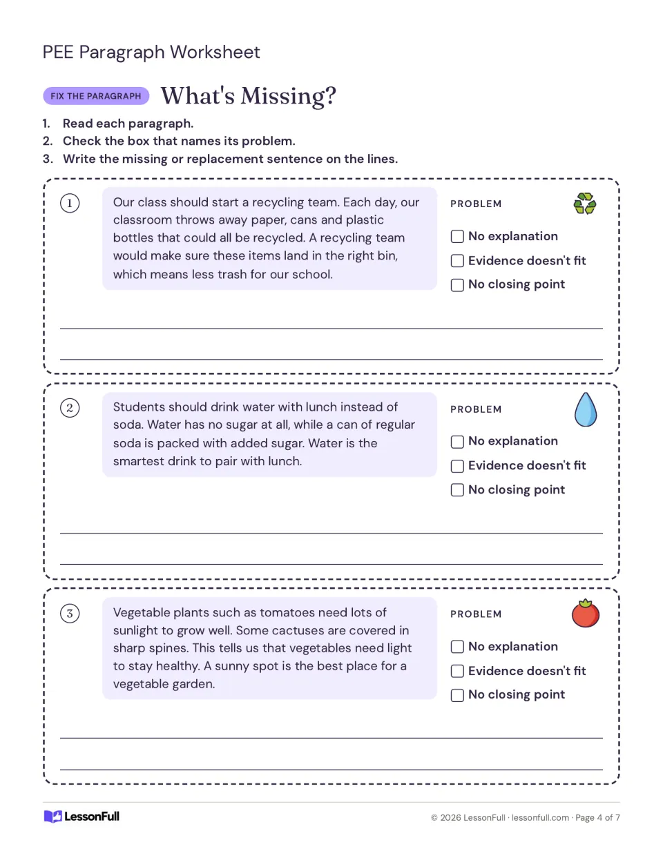 What's Missing? practice: identify and repair problems in paragraphs about recycling, water, and plants.