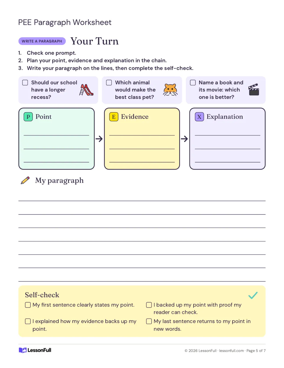 Your Turn writing page: choose longer recess, a class pet, or a book versus its movie; plan, write, and check.