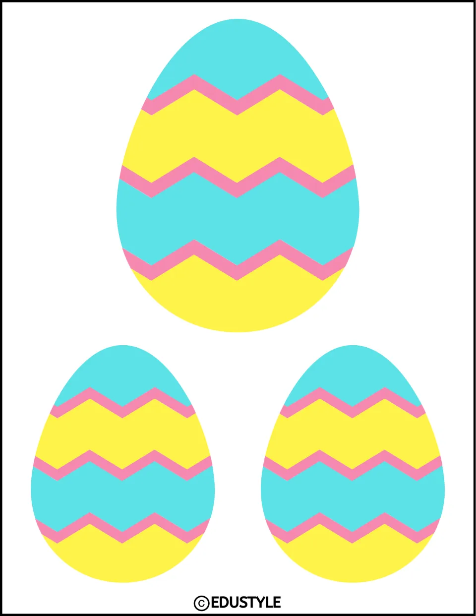 Three Easter egg cutouts in two sizes with turquoise, yellow, and pink zigzag bands for classroom displays