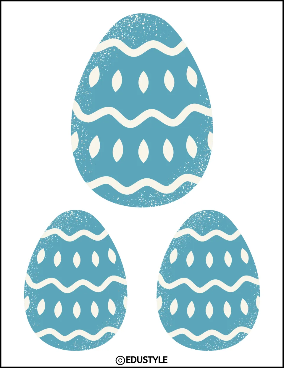 Three blue Easter egg cutouts in two sizes with cream waves and leaf-shaped marks for classroom displays
