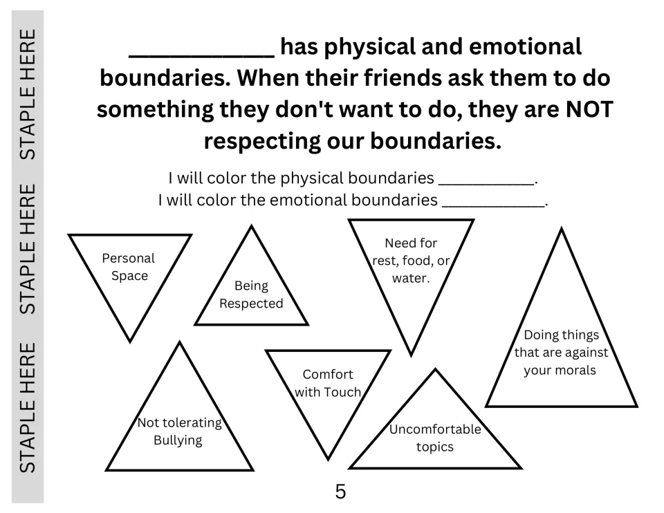 Physical and emotional boundaries: students color-code labeled triangles such as personal space and uncomfortable topics