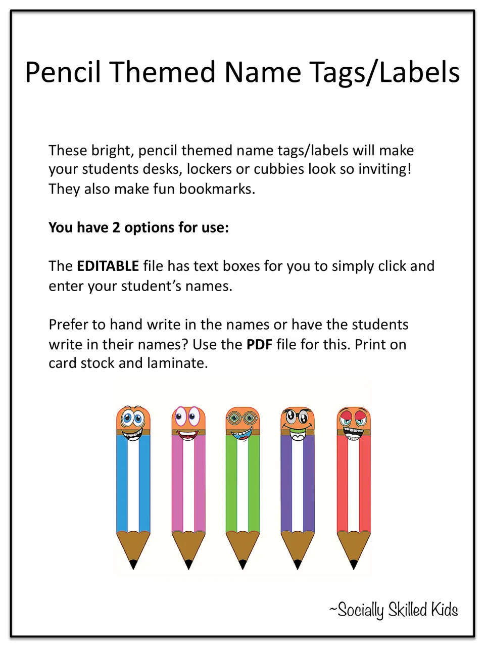 Name tag introduction explains editable text boxes and handwritten PDF options for pencil-themed labels.