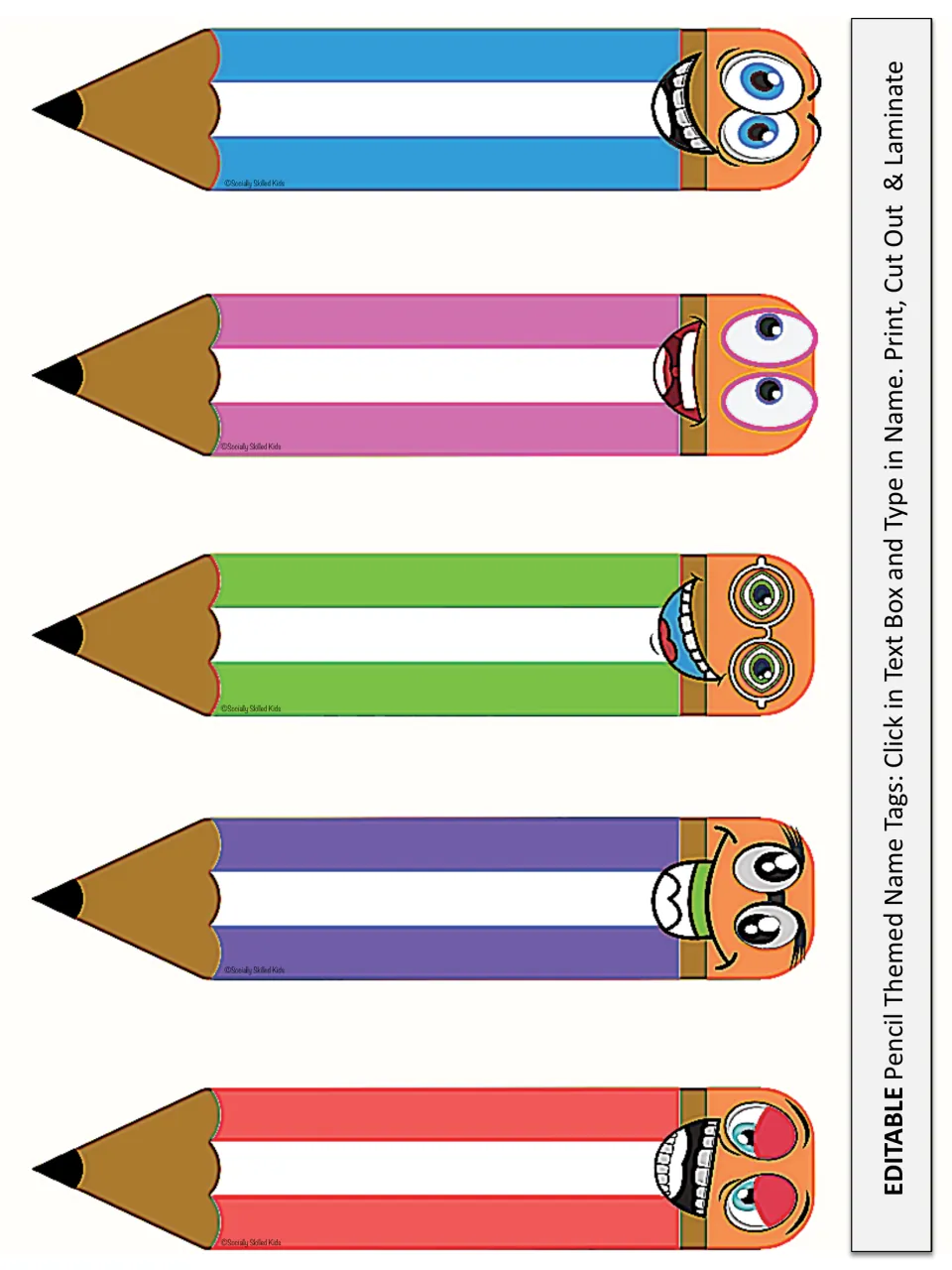 Editable name tag sheet has five pencil labels in blue, pink, green, purple, and red for typing student names.