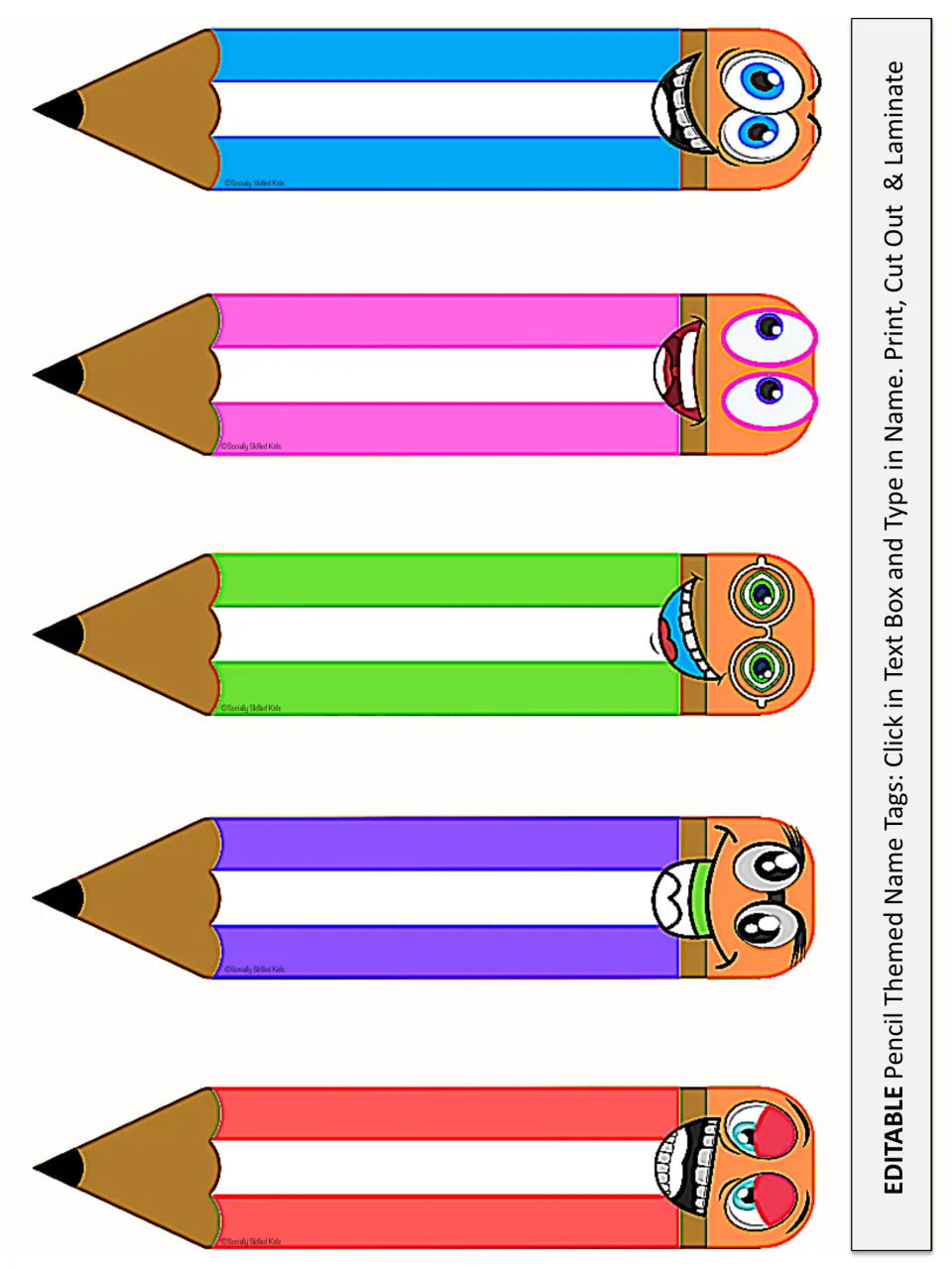 Editable name tag sheet repeats five pencil faces in brighter blue, pink, green, purple, and red colors.