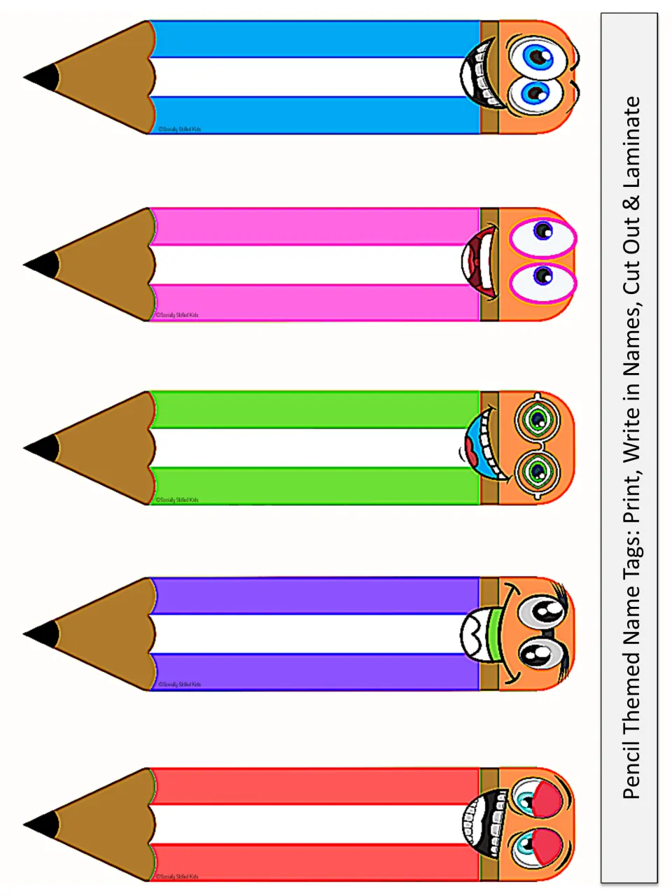 Handwritten name tag sheet has five colored pencil labels with directions to print, write names, and laminate.