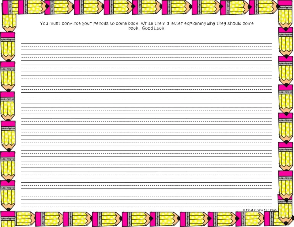 Letter-writing page without a greeting: students explain why their pencils should come back and convince them to return