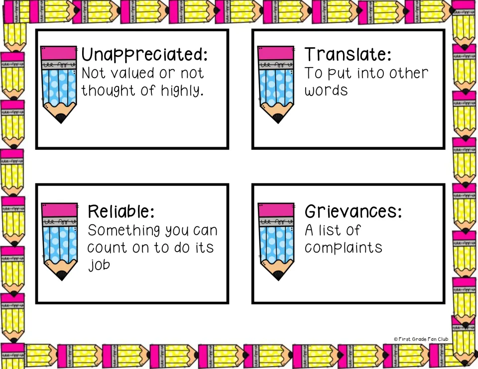 Vocabulary cards defining unappreciated, translate, reliable and grievances, each beside a blue polka-dot pencil