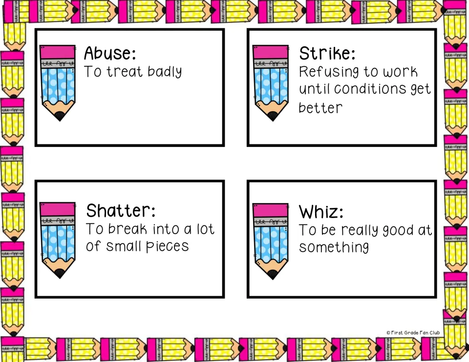Vocabulary cards defining abuse, strike, shatter and whiz, such as strike: refusing to work until conditions get better