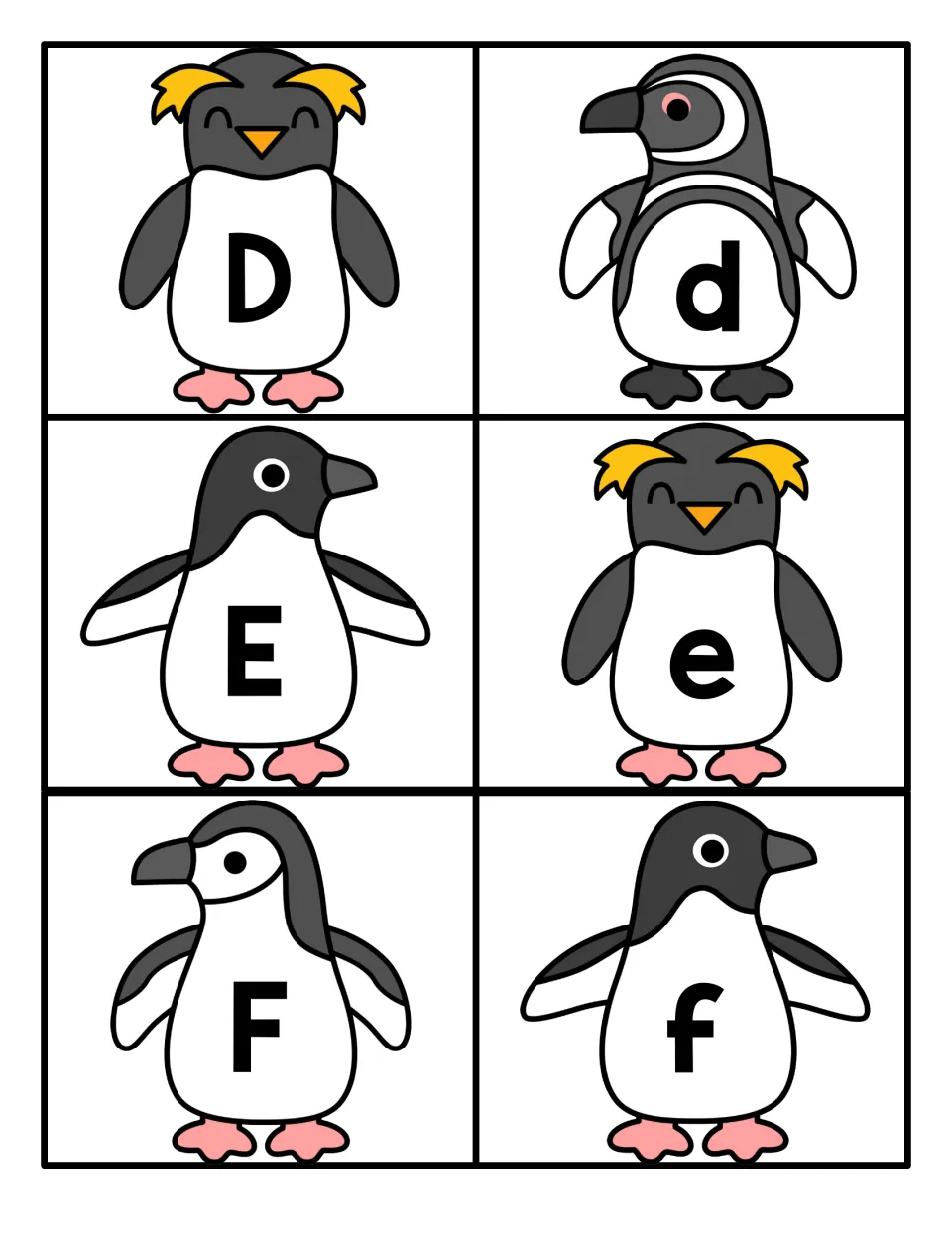 Letters D, E and F on six penguin cards, one capital or small letter per bird, for matching uppercase to lowercase