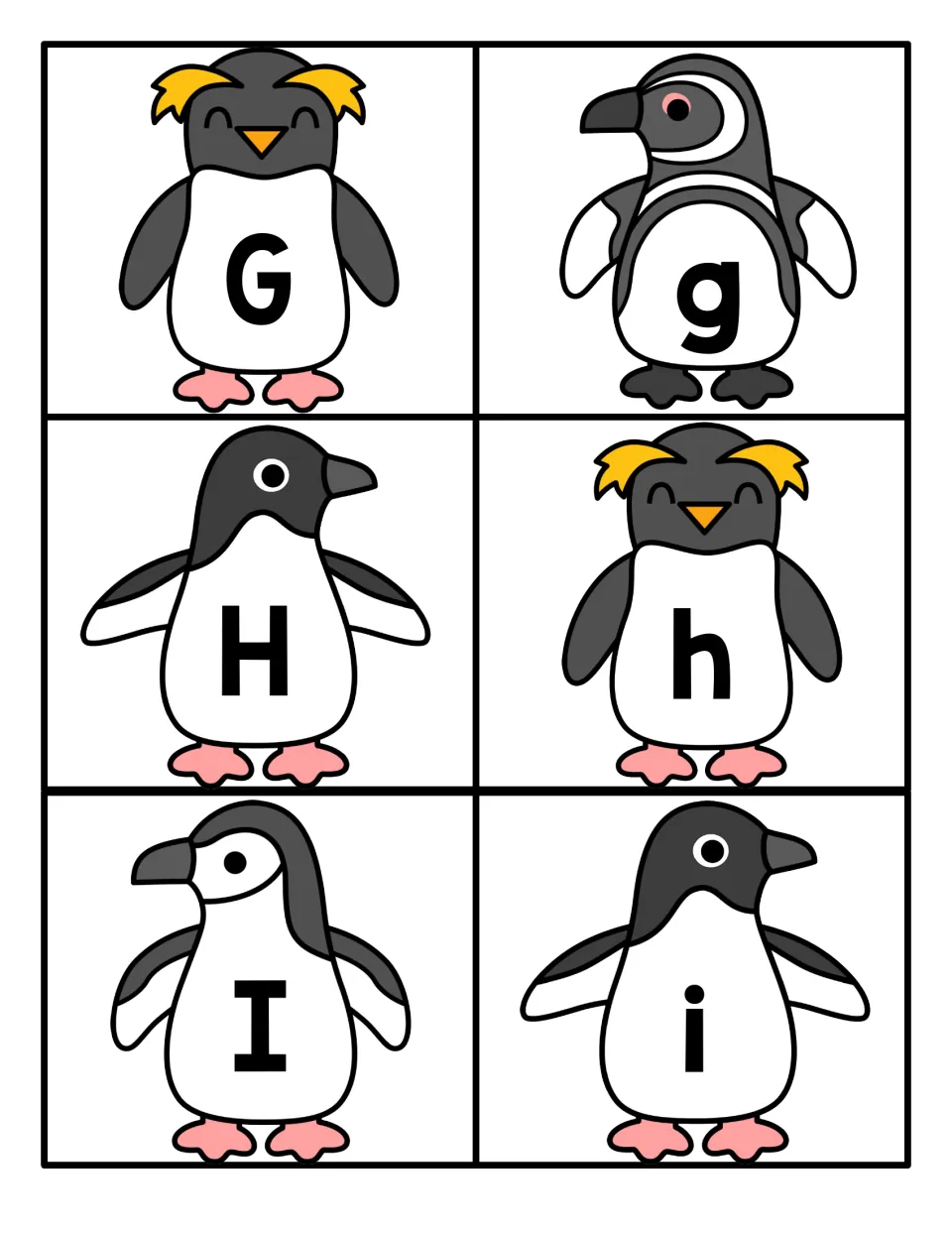 G, H and I letter cards: penguins with yellow crests and black heads show each capital and its lowercase partner