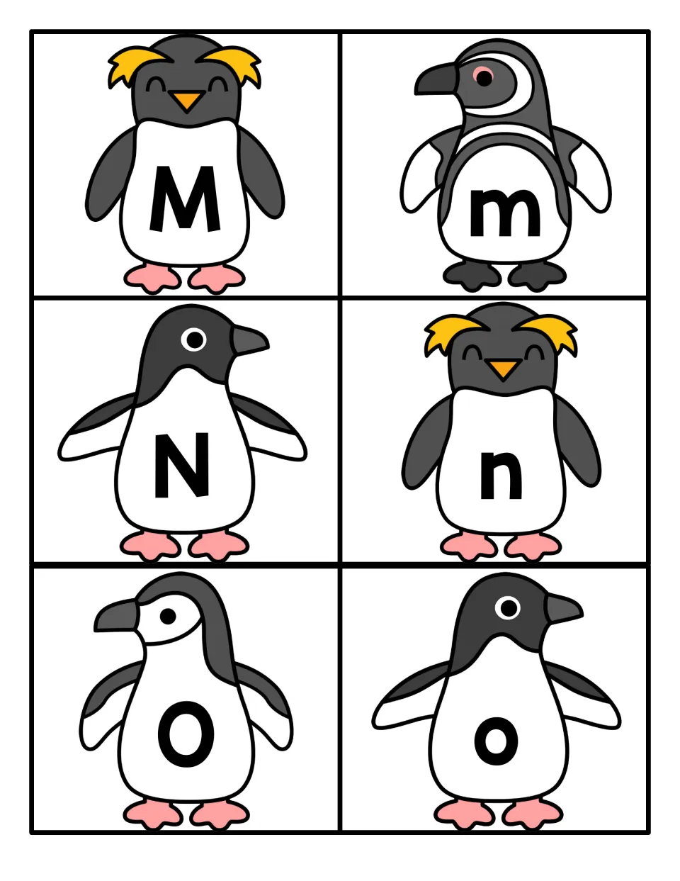 M, N and O alphabet cards: each cartoon penguin wears one letter on its belly, capitals beside matching lowercase